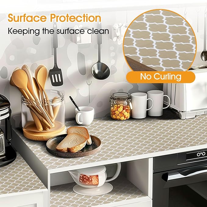 Shelf and Drawer Liner for Kitchen Cabinets Non-Adhesive, Strong Grip Non-Slip Thickened Cabinet Liners for Shelves, Waterproof Mats for Dresser Cupboard, Beige, 17 in x 20 Feet