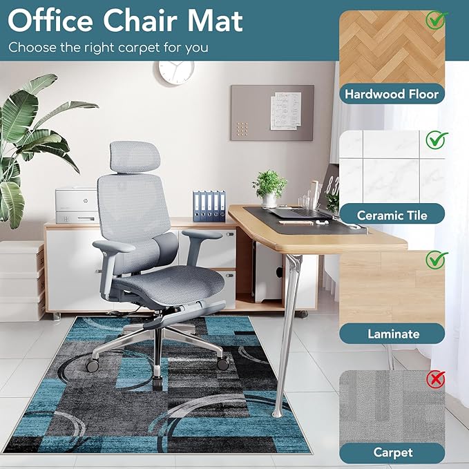 Office Chair Mat for Hardwood Floor&Tile Floor,36"X 48" Heavy Duty Desk Chair Mat for Hard Floors,Under Desk Rug for Rolling Computer Chair,Anti Slip,Low Pile Carpet Floor-Geo Blue Gray