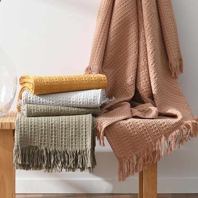 100% Cotton Waffle Blanket with Fringe, Pre-Washed Waffle Weave Blanket for All Season, Lightweight Breathable Soft Cozy Throw Blanket for Couch, Bed, Travel (Sage Green - 50x60 Inches)