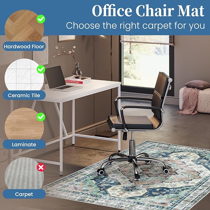 Office Chair Mat for Hardwood Floor&Tile Floor,36"X 48" Heavy Duty Desk Chair Mat for Hard Floors,Under Desk Rug for Rolling Computer Chair,Anti Slip,Low Pile Carpet Floor-Blue Flower