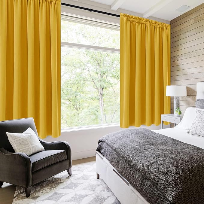 DWCN Thermal Short Blackout Curtains for Small Window, Energy Saving Room Darkening Curtains for Nursery/Bedroom/Kitchen(W60 x L36inch, Yellow, Set of 2 Panels, Top of Rod Pocket)