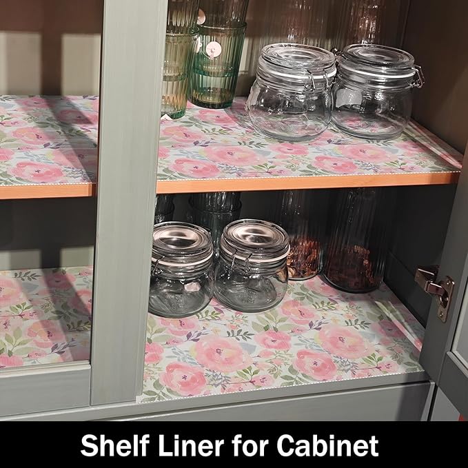 Peach Peony Shelf and Drawer Liner 12IN x 20FT,Non-Adhesive and Strong Non-Slip Floral Cabinet Drawer Liners for Kitchen Shelf, Waterproof Cupboard Liners,Easy to Clean