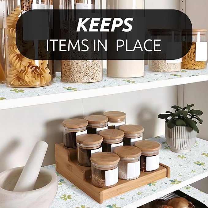 RAY STAR 12X120 Inch Shelf Liner for Kitchen Cabinets, Non-Adhesive Cabinet Liner Washable, PVC Drawer Liner for Dresser Non-Slip Bathroom (Green-Floral)(1 Roll)