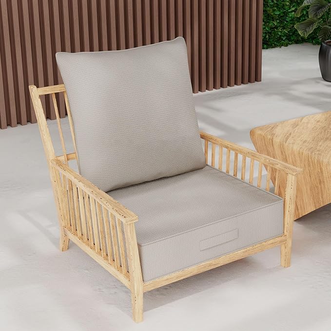 Outdoor Olefin Water-Resistant Deep Seat Cushion Set, 23''x26''x6'' Weather and Fade Resistant Patio Furniture Seat Cushion, Thickened Sofa Chair Pad with Straps for Lawn, Garden, Gray Apricot