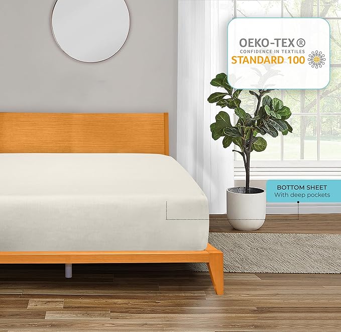 ROYALE LINENS 300 Thread Count 100% Long Staple Combed Cotton Fitted Sheet Queen - Super Soft Deep Pocket Bottom Sheet - Fitted Sheets Only - Elastic Sheets (Queen, Cream)
