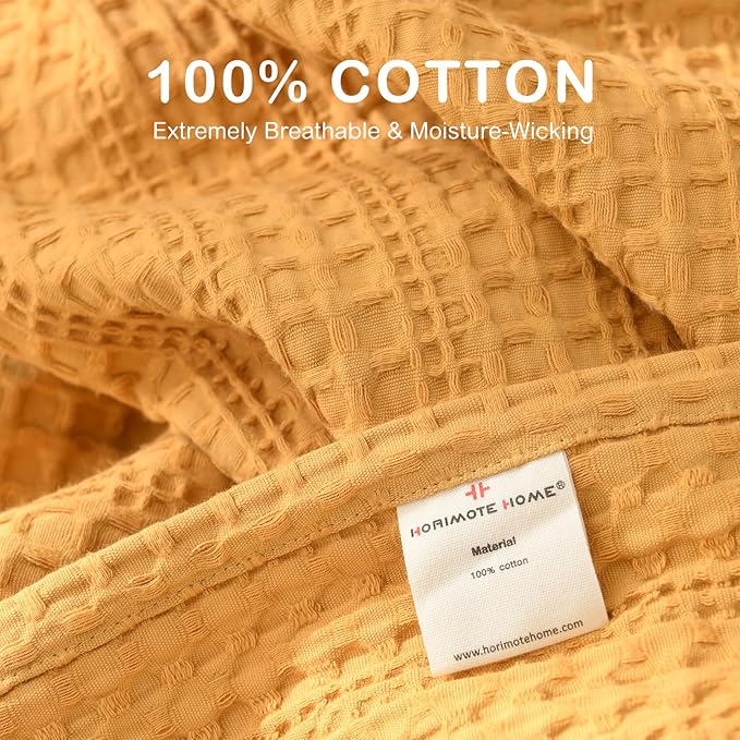 100% Cotton Waffle Blanket with Fringe, Pre-Washed Waffle Weave Blanket for All Season, Lightweight Breathable Soft Cozy Throw Blanket for Couch, Bed, Travel (Mustand Yellow - 50x60 Inches)