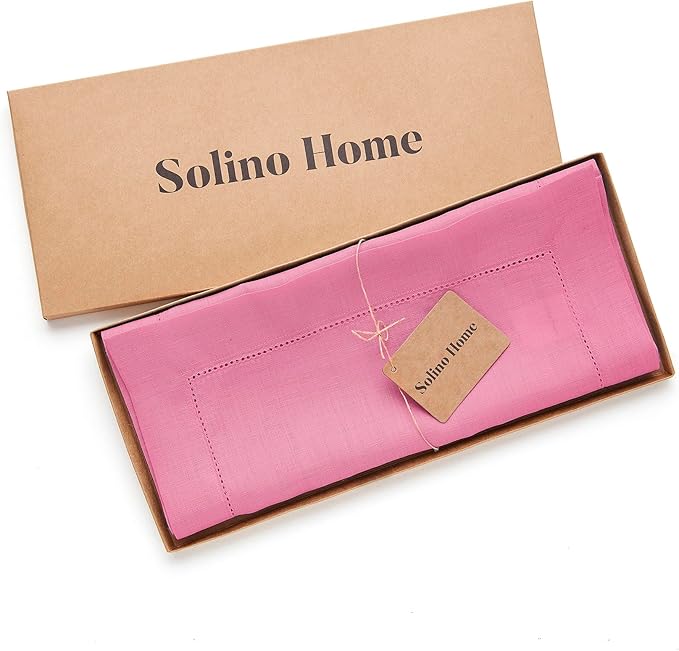 Solino Home Linen Flamingo Pink Table Runner 132 Inches Long - 100% Pure Linen Extra Long Table Runner 14 x 132 Inch for Christmas - Classic Hemstitch