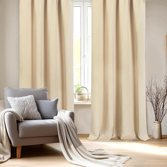 DWCN Blackout Curtains for Bedroom – Rod Pocket Thermal Insulated Noise Reducing Noise Reducing Drapes for Living Room, W 52 x L 95 Inch, 2 Panels, Beige