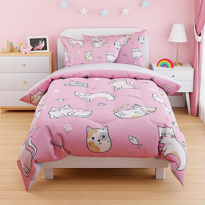 Cat Duvet Cover Sets Full Size for Kids Girls, Incude 1 Polyester Comforter Cover 80x90 Inches and 2 Pillowcases 20x26 Inches, Comforter Not Included, Gift for Christmas Birthday