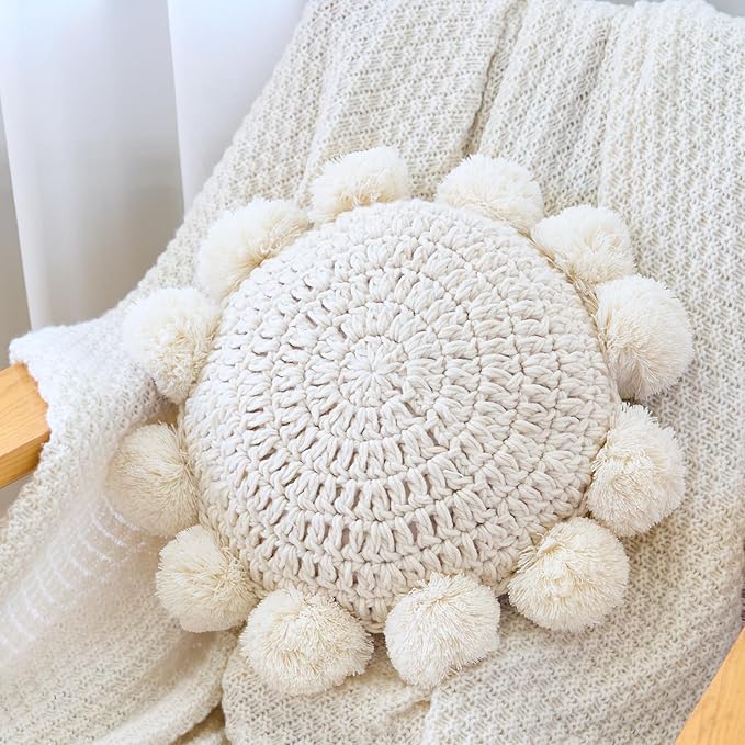 Beige 14 Inch Boho Round Throw Pillow, Cute Throw Pillow with Pom Poms Tassels, Decorative Circular Knitted Crochet Cushion for Couch Sofa Chair Bed
