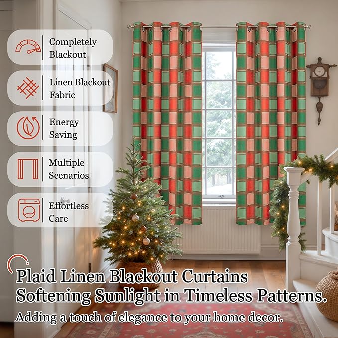 Plaid Christmas Curtains for Living Room 63 Inch Long - Boho Linen Blackout Curtains for Winter, Gingham Printed Drapes Patterned Thermal Drapes for Bedroom 52x63 Inch 2 Panels, Red Green