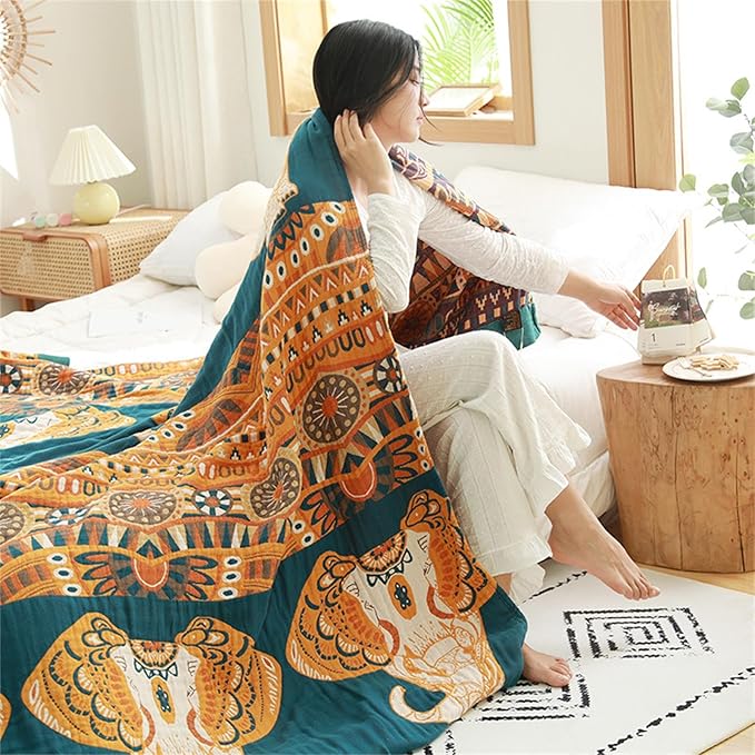 100% Cotton Boho Throw Blanket 80''x90'' Muslin Throw for Bed Couch,Travel Mexican Picnic Blankets Super Soft Reversible Blanket Muslin Quilts