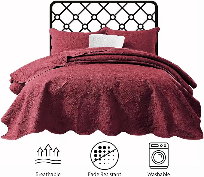 IR Imperial Rooms Twin Quilt Bedding Set Size (68” x 86”) + 1 Pillow Shams (20” x 26” + 2”) - 2 Pcs All Season Lightweight Reversible Microfiber Coverlet Floral Embossed Quilt Bedspread (Burgundy)