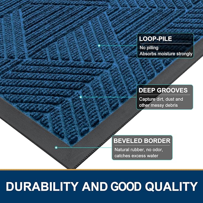 Smiry Front Door Mat Outside Entrance, Heavy Duty Sturdy Natural Rubber Doormat, Trap Dirt and Moisture, Easy Clean Low Profile Mats for Indoor Outdoor Entry, Irregular Triangle (36x24, Mixed Blue)