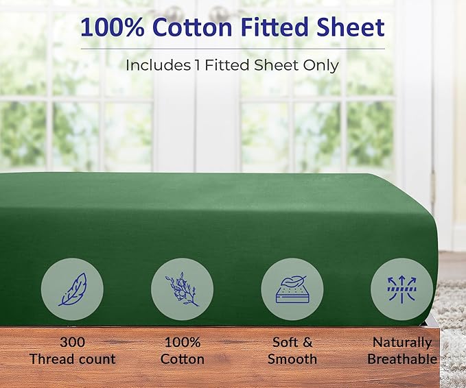 ROYALE LINENS 300 Thread Count 100% Long Staple Combed Cotton Fitted Sheet King - Super Soft Deep Pocket Bottom Sheet - Fitted Sheets Only - Elastic Sheets (King, Hunter Green)