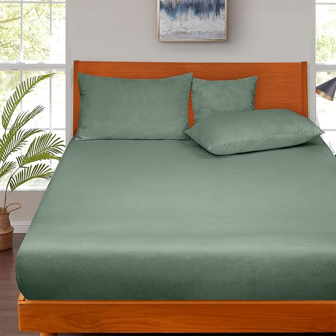 ROYALE LINENS 300 Thread Count 100% Long Staple Combed Cotton Fitted Sheet King - Super Soft Deep Pocket Bottom Sheet - Fitted Sheets Only - Elastic Sheets (King, Sage Green)