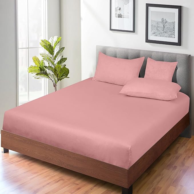 ROYALE LINENS 300 Thread Count 100% Long Staple Combed Cotton Fitted Sheet Twin - Super Soft Deep Pocket Bottom Sheet - Fitted Sheets Only - Elastic Sheets (Twin, Pink)