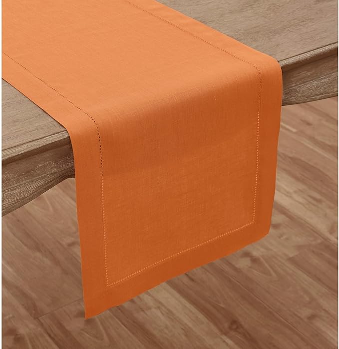 Solino Home Linen Pumpkin Hemstitch Table Runner 60 Inches - 100% Pure Linen Small Table Runner 14 x 60 Inch Ideal for Dresser and Coffee Tables - Classic Hemstitch - Holiday