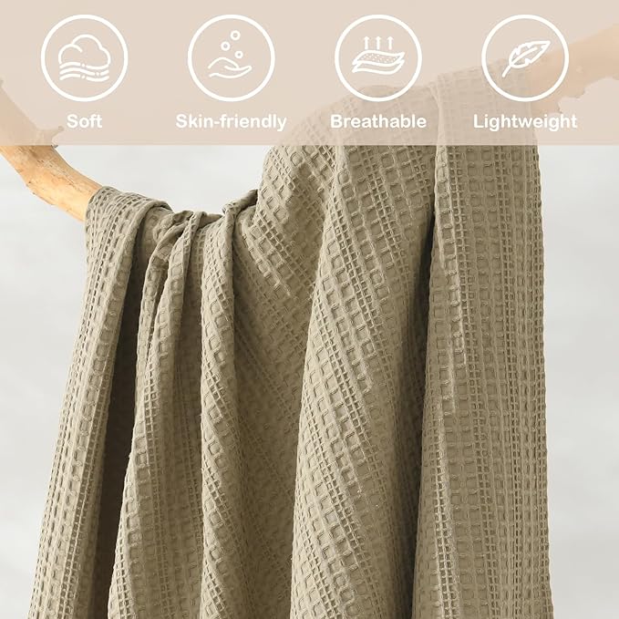 100% Cotton Waffle Blanket with Fringe, Pre-Washed Waffle Weave Blanket for All Season, Lightweight Breathable Soft Cozy Throw Blanket for Couch, Bed, Travel (Sage Green - 50x60 Inches)