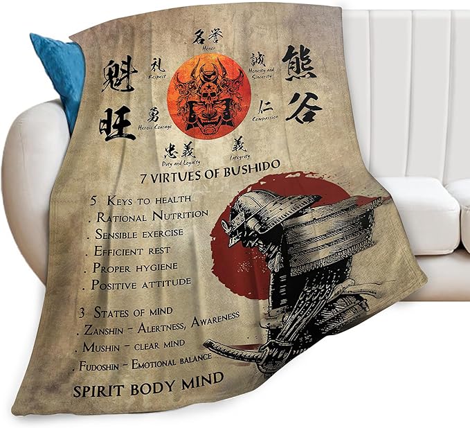 Samurai Warrior Throw Blanket - Japanese Gifts for Boys Men Kids Adults - Soft Warm Cozy Fleece for Couch Sofa Bed 40"x50"