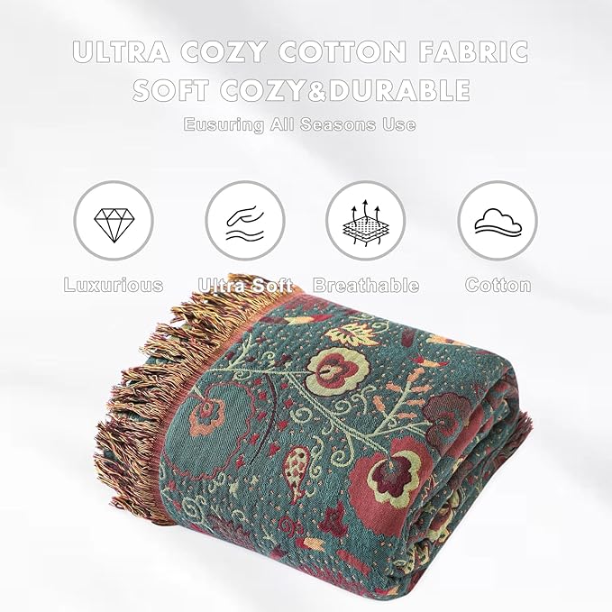 MSGKV Cotton Bed Blanket for Couch and Sofa Blankets for Living Room Bedroom Reversable Florals Throw 90"x98" Breathable Cozy Boho Blankets