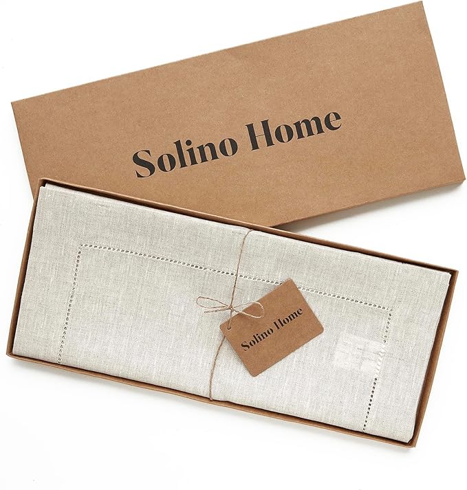 Solino Home Linen Light Natural Table Runner 36 Inches - Classic Hemstitch, 100% Pure Linen Coffee Table Runner 14 x 36 Inch Ideal for Dresser Tables - Christmas, New Year