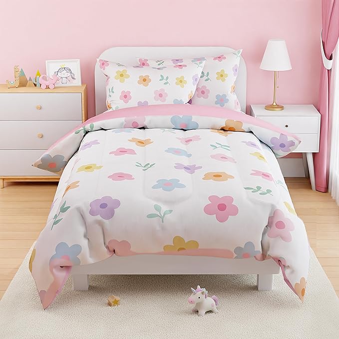 SANDJEST Floral Comforter Set Full Size 98x86in for Kids Girls, Microfiber 4 Pieces Bedding Set Includes 1 Comforter, 2 Pillowcases, 1 Fitted Sheet, Nursery Room Decor