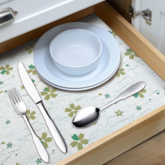 RAY STAR 12X120 Inch Shelf Liner for Kitchen Cabinets, Non-Adhesive Cabinet Liner Washable, PVC Drawer Liner for Dresser Non-Slip Bathroom (Green-Floral)(5 Roll)