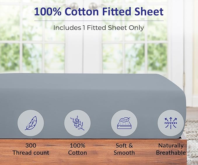 ROYALE LINENS 300 Thread Count 100% Long Staple Combed Cotton Fitted Sheet Full - Super Soft Deep Pocket Bottom Sheet - Fitted Sheets Only - Elastic Sheets (Full, Lake Blue)