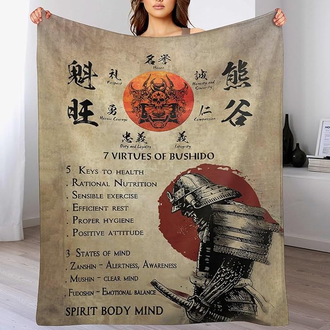 Samurai Warrior Throw Blanket - Japanese Gifts for Boys Men Kids Adults - Soft Warm Cozy Fleece for Couch Sofa Bed 40"x50"