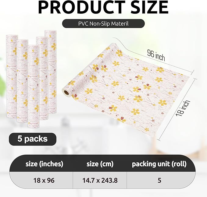 RAY STAR 18X96 Inch Shelf Liner for Kitchen Cabinets, Non-Adhesive Cabinet Liner Washable, PVC Drawer Liner for Dresser Non-Slip Bathroom (Yellow-Floral)(5 Roll)