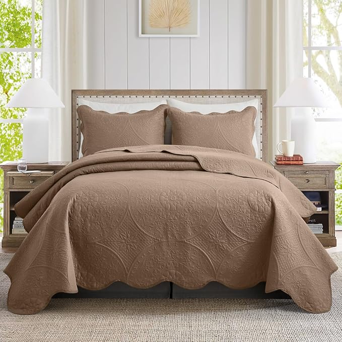 IR Imperial Rooms Twin Quilt Bedding Set Size (68” x 86”) + 1 Pillow Shams (20” x 26” + 2”) - 2 Pcs All Season Lightweight Reversible Microfiber Coverlet Floral Embossed Quilt Bedspread (Beige)