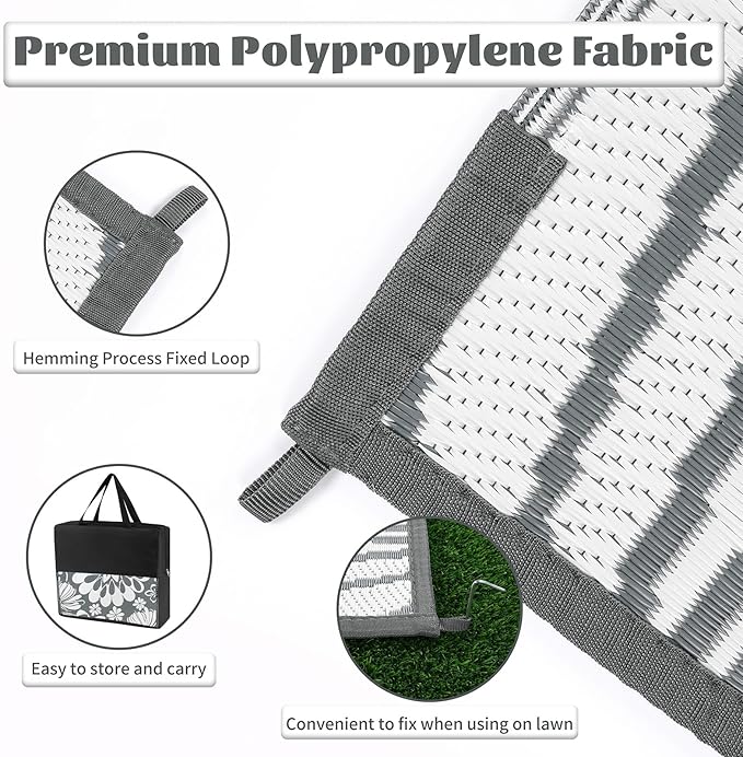 Ileading Outdoor Plastic Straw Rug 9x12ft Funny Floral Style Reversible Patio Area Rugs Waterproof Non Shedding Portable Carpets for Rv Outside Deck Pool Beach Picnic Camping (Grey)