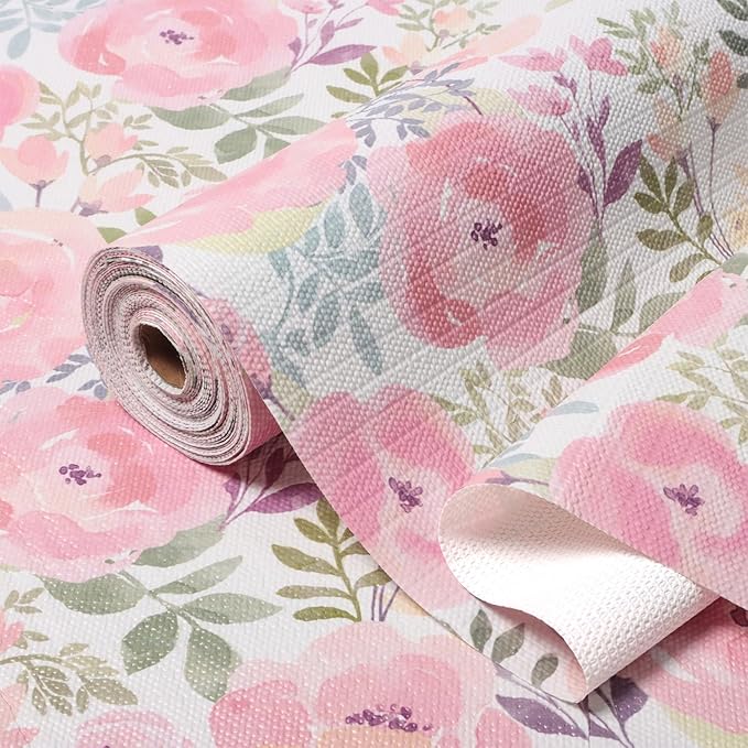 Peach Peony Shelf and Drawer Liner 12IN x 20FT,Non-Adhesive and Strong Non-Slip Floral Cabinet Drawer Liners for Kitchen Shelf, Waterproof Cupboard Liners,Easy to Clean