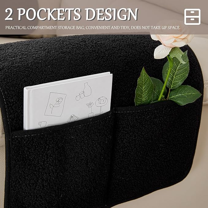 Armrest Cover, Recliner Chair Protector, Furniture Protector Slip, Side Storage Pocket, Stretch Armchair Couch Arm Rest Cover for Recliner, Chair, Sofa (Black,2 Seater(4pcs))