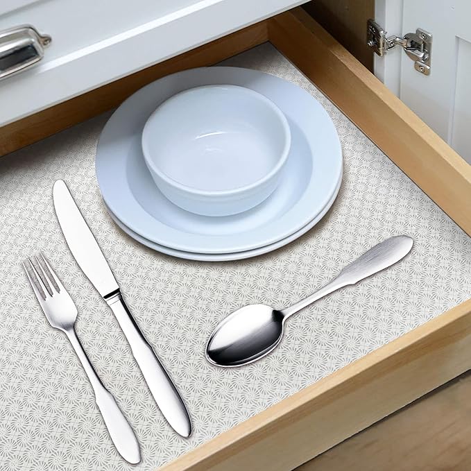 RAY STAR 12X120 Inch Shelf Liner for Kitchen Cabinets, Non-Adhesive Cabinet Liner Washable, PVC Drawer Liner for Dresser Non-Slip Bathroom (White Circle)(5 Roll)