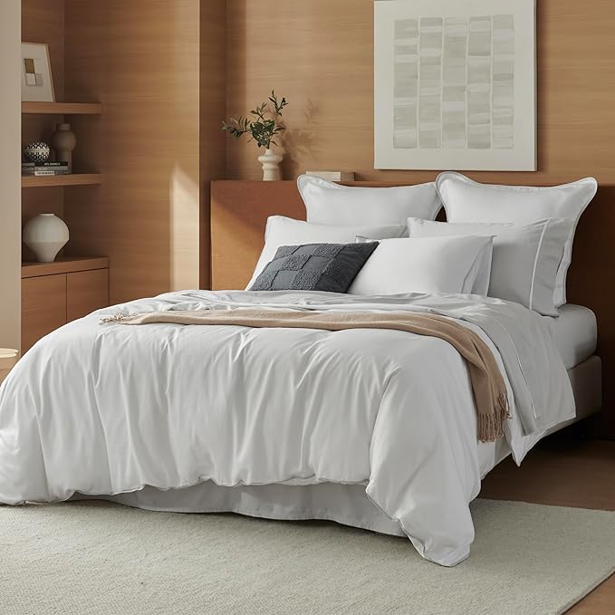 Double Stitch Cotton Tencel Duvet Cover - Queen Size Comforter Cover, Luxury & Soft Eucalyptus Lyocell Bedding for Hot Sleepers, Cooling & Breathable, Button Closure, Bright White Contrast, 90"x90"