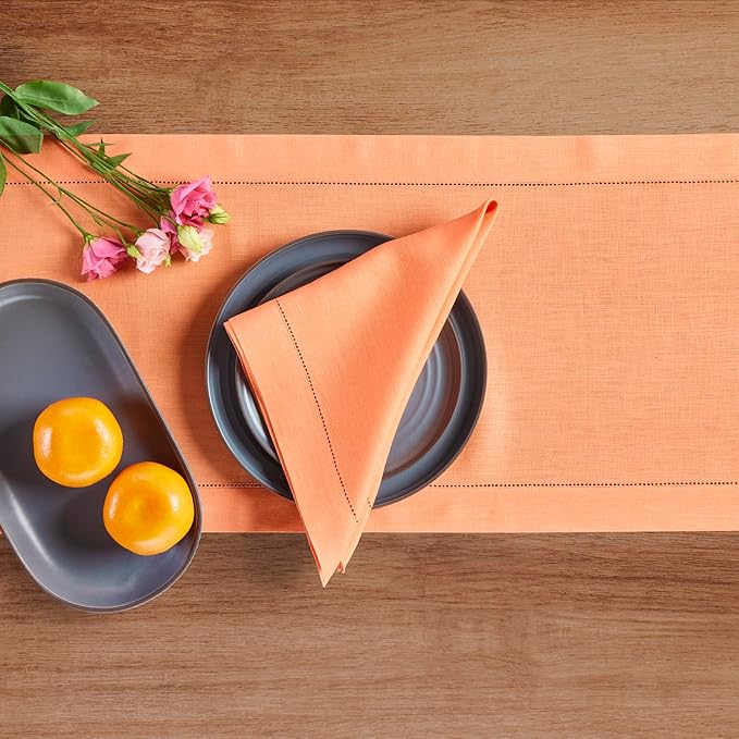 Solino Home Linen Coral Table Runner 144 Inches Long - 100% Pure Linen Extra Long Table Runner 14 x 144 Inch - Classic Hemstitch