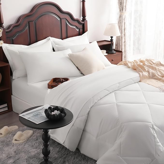 NTBAY King Comforter Set with Sheets, 7 Pieces Soft and Breathable King Bedding Set, Bed in a Bag, Down Alternative Comforter Set Solid Color All Season, King Bedding Set, White