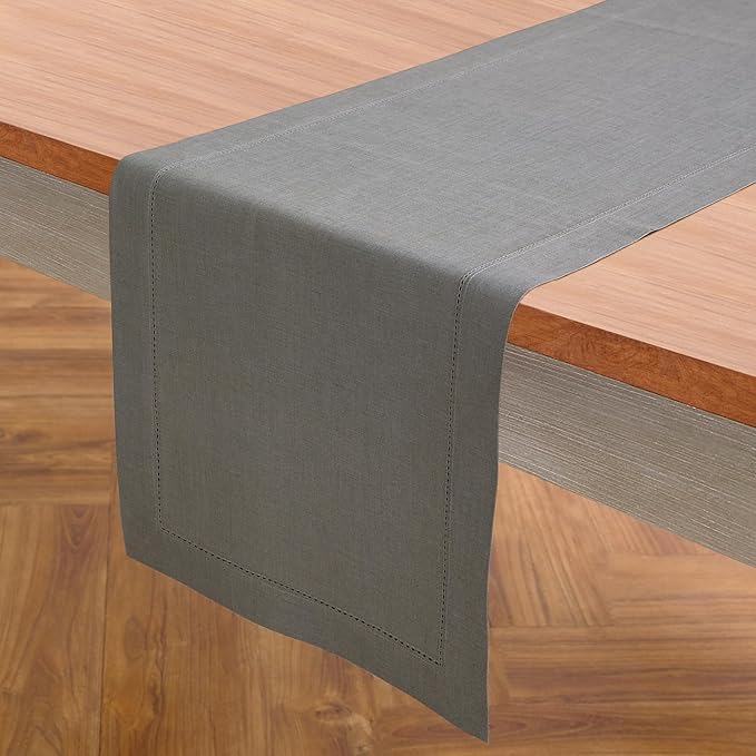 Solino Home Linen Steel Gray Hemstitch Table Runner 48 Inches - 100% Pure Linen Small Table Runner 14 x 48 Inch Ideal for Dresser and Coffee Tables - Classic Hemstitch
