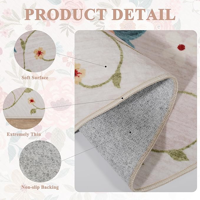 DUKINO 4x6 Feet Office Chair Mat, Lightweight Non Slip Washable Floral Area Rug, Indoor Low Pile & Non-Shedding Boho Design Rugs for Bedroom, Living Room, Dining Room, Beige