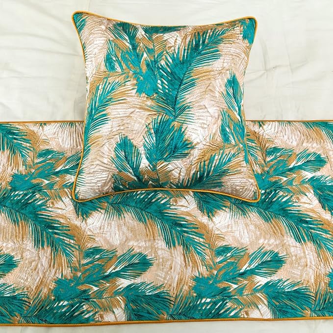 The HomeCentric King/Queen/Twin Green Decorative Full 68"x18" Bed Runner with Pillow Cover, Plam Leaves & Quilted Bed Scarf on Satin Fabric - Palms