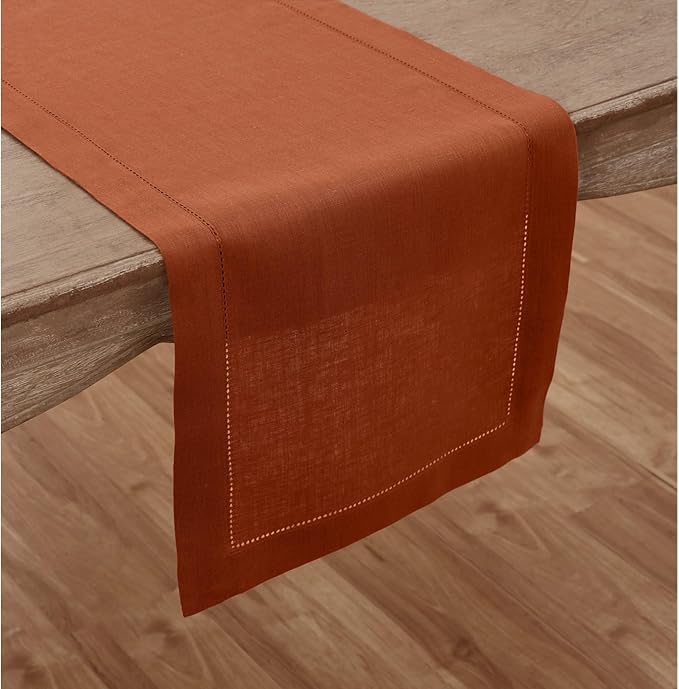 Solino Home Linen Cinnamon Table Runner 90 Inches Long - 100% Pure Linen Hemstitch 14 x 90 Inch Table Runner for Dining, Winter - Classic Hemstitch