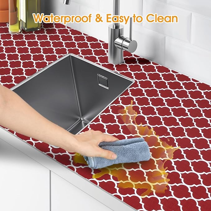 Shelf and Drawer Liner for Kitchen Cabinets Non-Adhesive, Strong Grip Non-Slip Thickened Cabinet Liners for Shelves, Waterproof Mats for Dresser Cupboard, Red/White, 23 in x 20 Feet