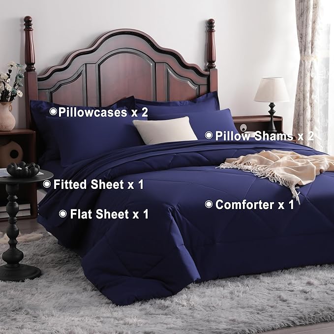 NTBAY King Comforter Set with Sheets, 7 Pieces Soft and Breathable King Bedding Set, Bed in a Bag, Down Alternative Comforter Set Solid Color All Season, Navy Blue