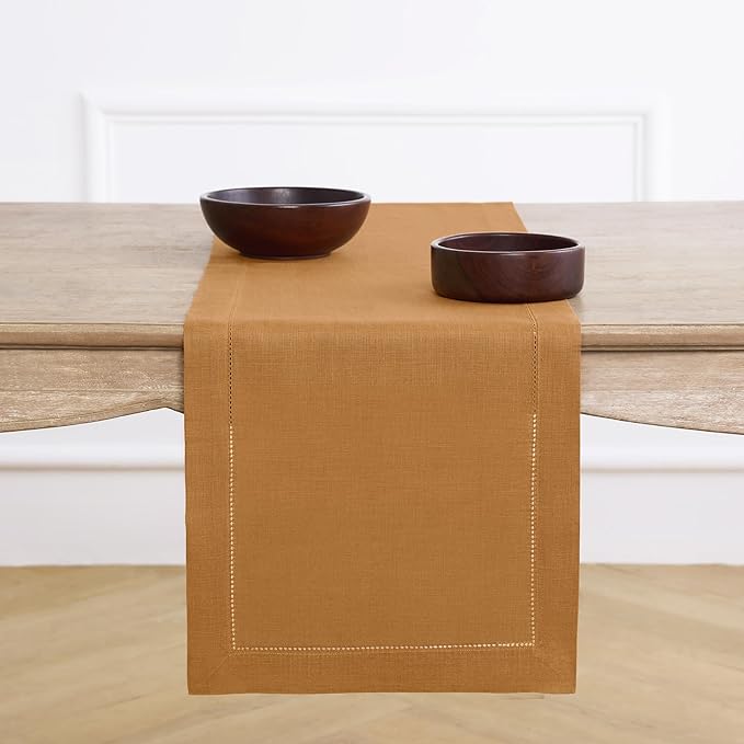 Solino Home Linen Brown Sugar Table Runner 120 Inches Long - 100% Pure Linen 14 x 120 Inch Table Runner - Classic Hemstitch