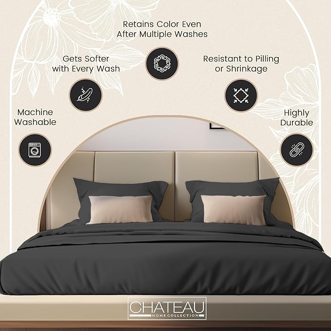 100% Cotton Sheets King Size Sheets Set with Fitted Sheet & Pillowcase Sets, Sateen Weave 4 piece Deep Pocket King Sheet Set, Soft & Comfy Naturally Cool Luxury Bedding- Charcoal