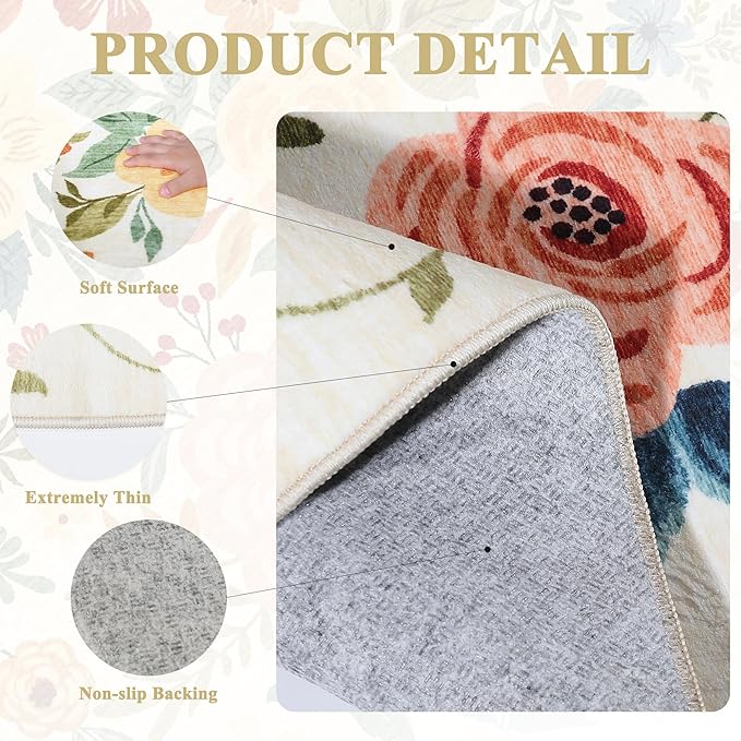 DUKINO Runner Rug, 2.6x8 Kitchen Rug for Hallway with Non Slip Backing, Washable Low Pile Soft Boho Floral Runner Carpet for Hallway, Kitchen, Entryway, Laundry, Bedroom, Beige Yellow