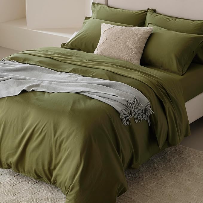 Double Stitch Cotton Tencel Duvet Cover - King Size Comforter Cover, Luxury & Soft Eucalyptus Lyocell Bedding Set for Hot Sleepers, Cooling, Smooth & Breathable, Button Closure, Olive Green, 106"x90"