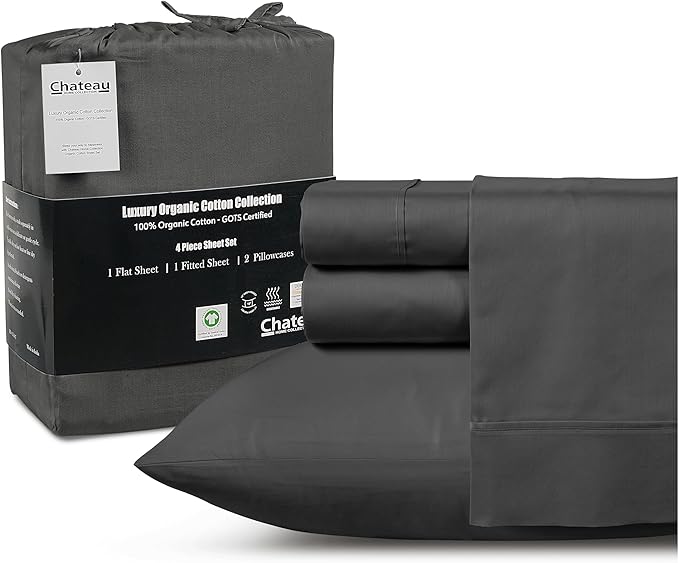 100% Cotton Sheets King Size Sheets Set with Fitted Sheet & Pillowcase Sets, Sateen Weave 4 piece Deep Pocket King Sheet Set, Soft & Comfy Naturally Cool Luxury Bedding- Charcoal